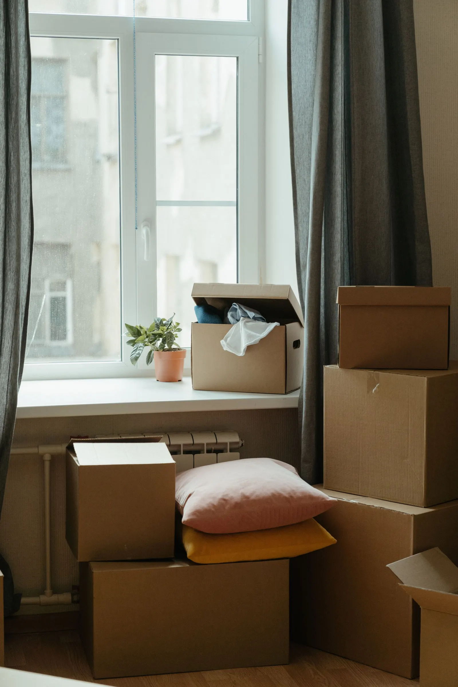 Cartons de déménagement dans une pièce baignée de lumière