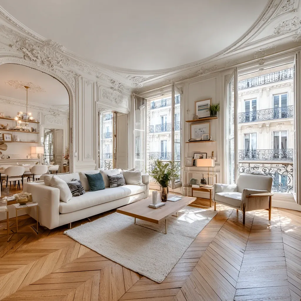 A bright Haussmann living room with herringbone parquet