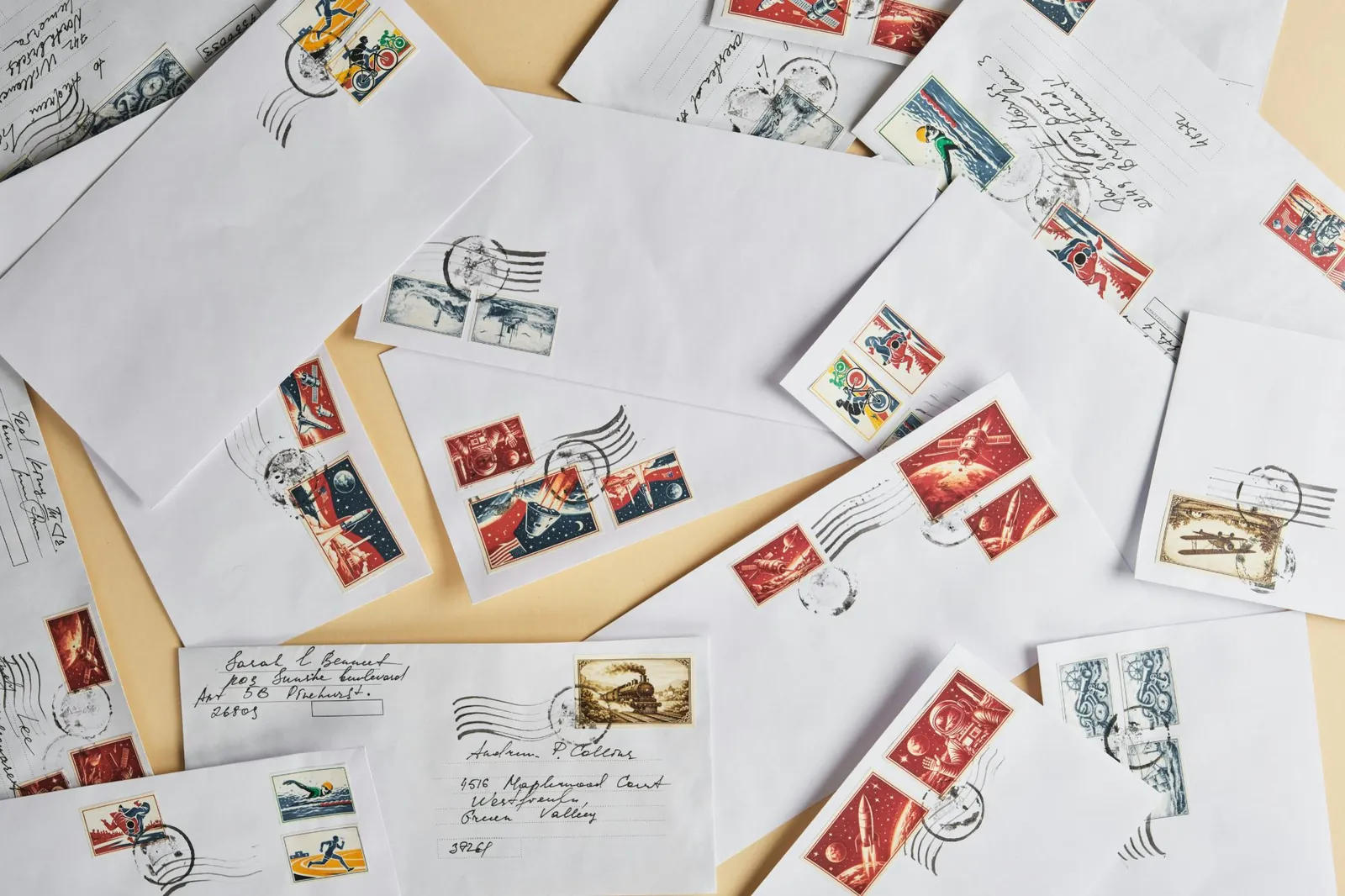 Letters and stamped envelopes spread on a table
