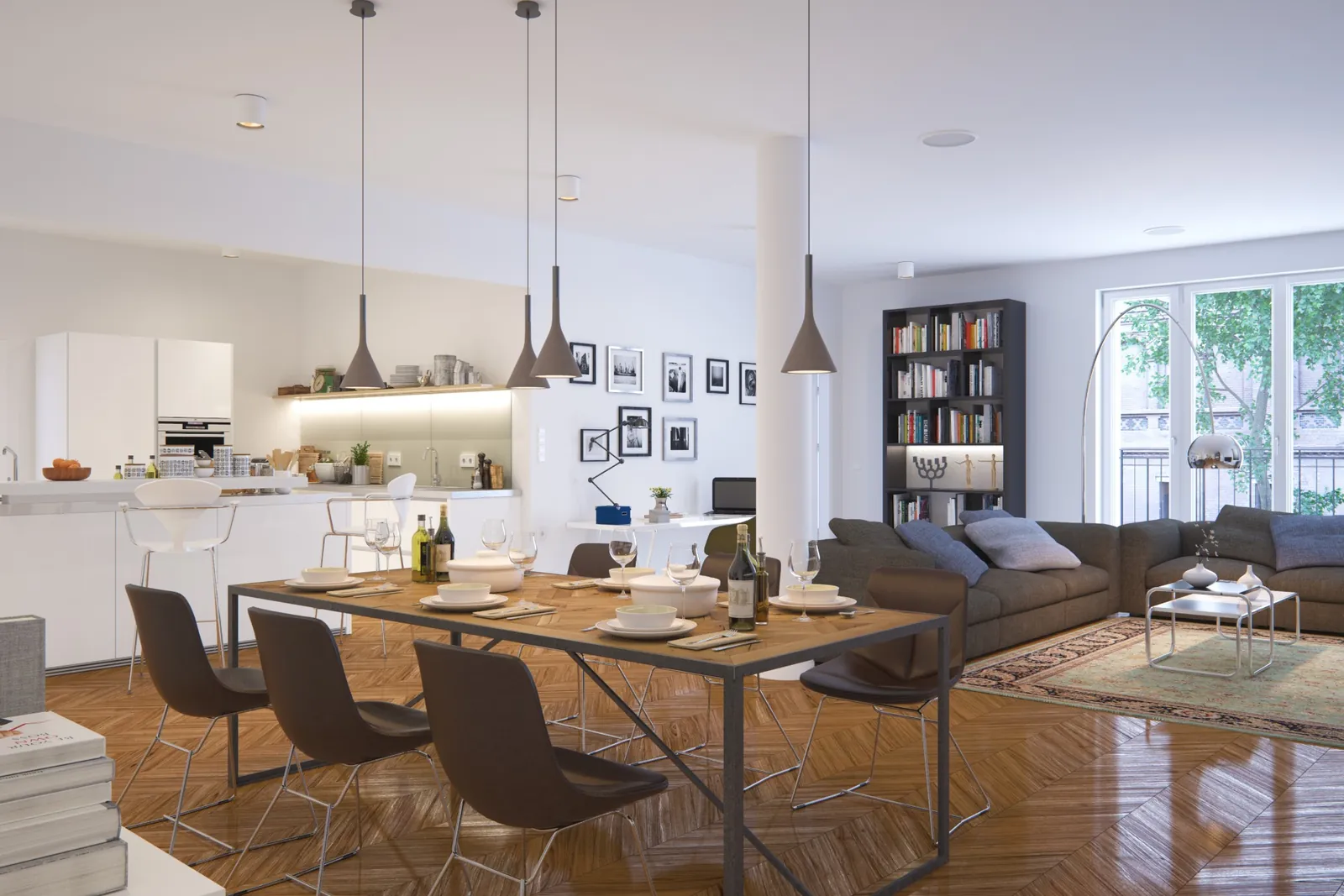 An open-plan kitchen-dining room, table set for arrival